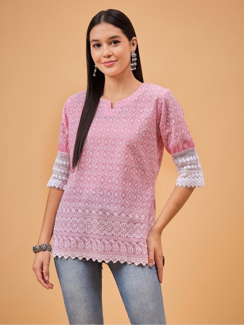 Women Lace Embellished Chikankari Cotton Tunic (Color Pink) (Size XL)