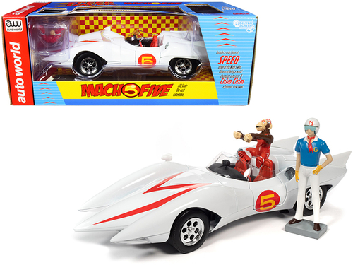Mach 5 Five White with Chim-Chim Monkey and Speed Racer Figurines 1/18