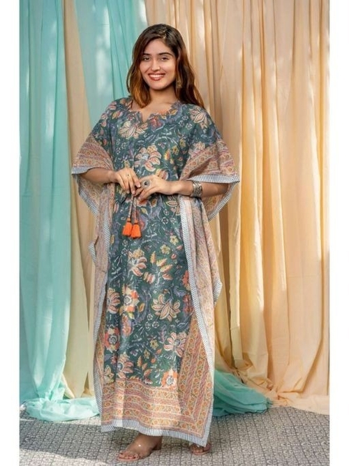 Green Floral Block Printed Long Stitched Kaftan