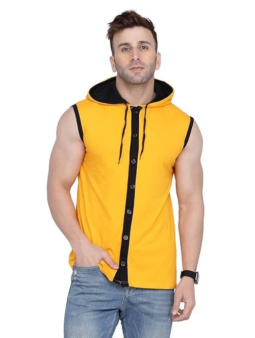 Men's Button Design Hooded Neck Tshirt (Size-S) (Color-YELLOW)
