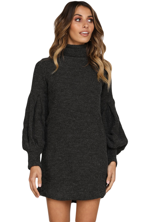 Black Corduroy Ribbed High Neck Mini Dress