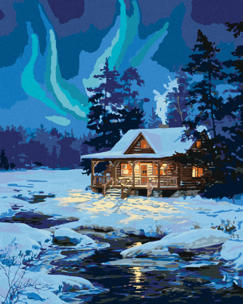 Zuty - Paint by Numbers - SNOW-COVERED HUT BY THE RIVER AND NORTHERN
