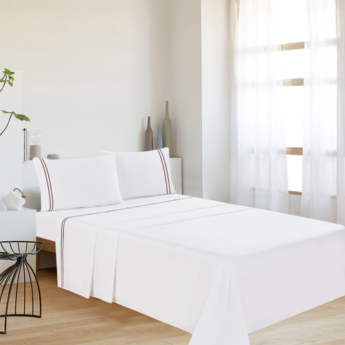 Luxen Home 4pc Burgundy Line Embroidery on White 300TC Sateen Sheet Ki