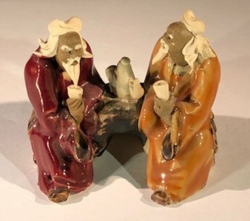 Ceramic FigurineTwo Men Sitting On A Bench Drinking Tea - 2.5"Color: