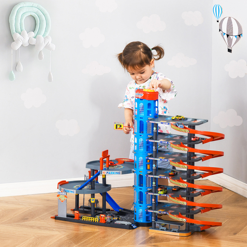 Qaba 7-Level Car Parking Garage Toy Race Tracks Car Ramp Set Toddler