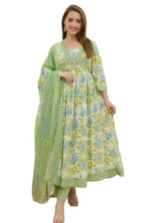 Godhani Women Pure Cotton Gown Pant Dupatta Set