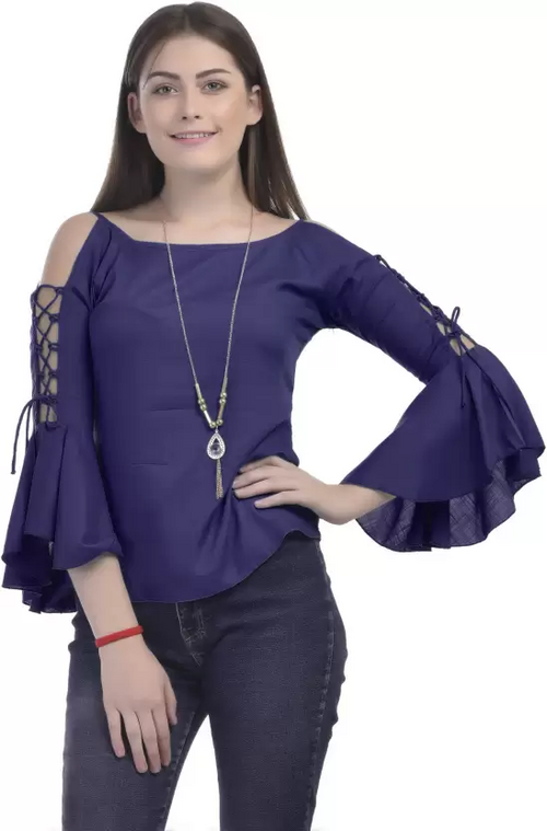 Casual Cold Shoulder Bell Sleeves Solid Women Top (Size-M) DARK BLUE)