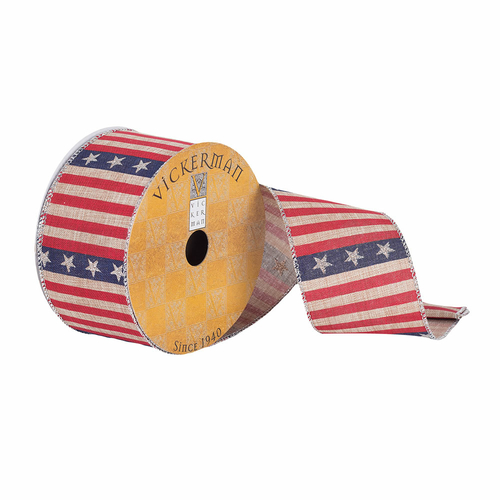 Vickerman Q180365 2.5 in. x 10 Yards American Flag Tan Woven Ribbon 