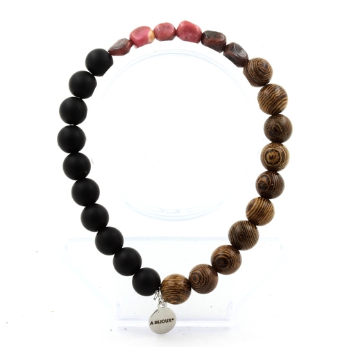 Rhodochrosite + Matte Black Onyx + wood Bracelet 8 mm Beads.