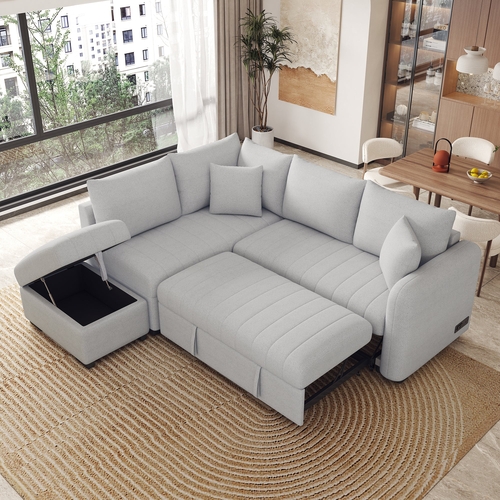 82.6" L-shaped Sectional Pull Out Sofa Bed Sleeper Sofa with Two USB