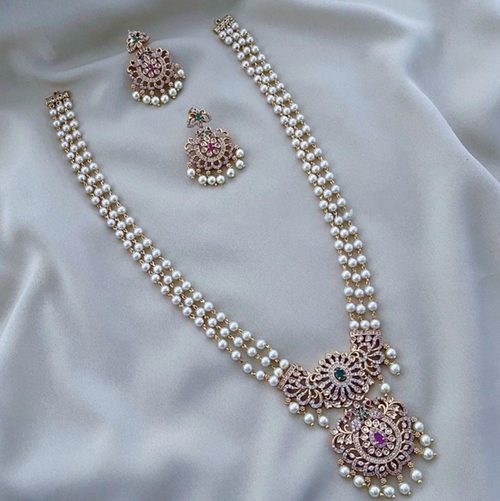 Gold plated cz matte finish necklace beaded three layer long mala