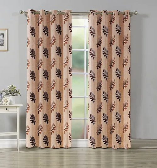 Coffee 2 piece Floral Print Eyelet Curtains Set