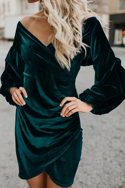 Green Puff Sleeve Off Shoulder Wrap Bodycon Velvet Dress