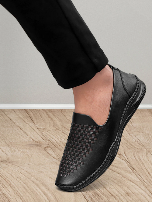 black leatherette slip on loafers (Size-10) (Color-BLACK)