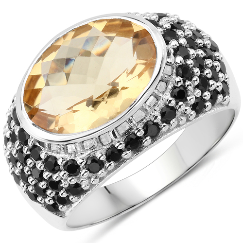 7.07 Carat Genuine Citrine & Black Spinel .925 Sterling Silver Ring