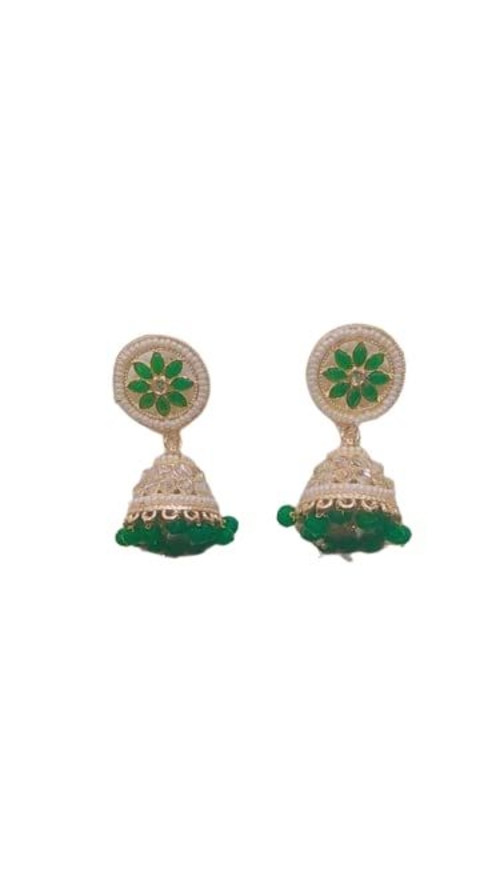 Stylish Ethnic Gold Tone Jhumkis With Green Stones For Women & Girls