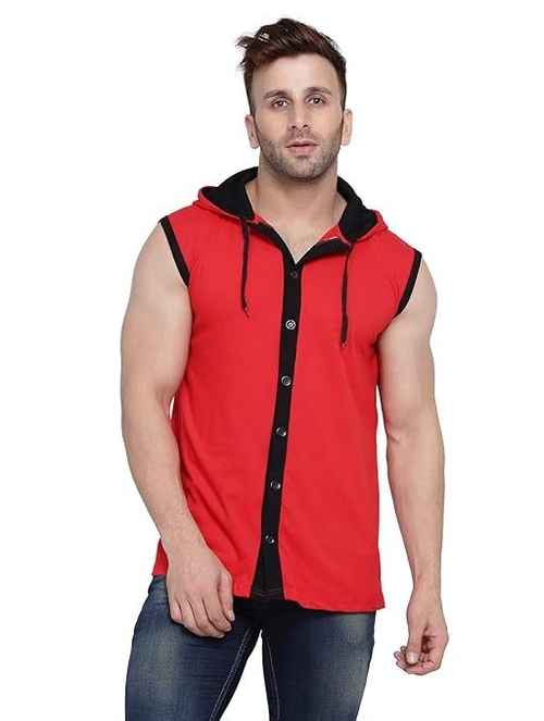 Men's Button Design Hooded Neck Tshirt (Size-M) (Color-RED)
