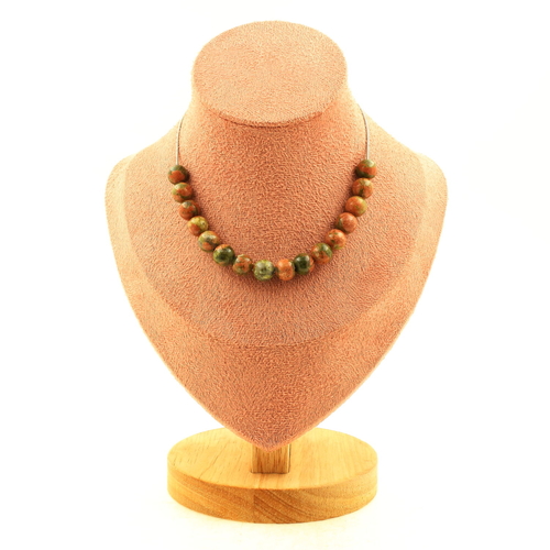 Unakite 8 mm 15 beads necklace stainless steel chain. 