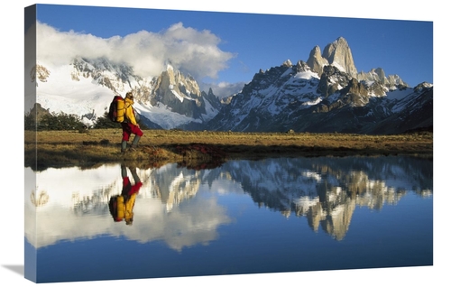 20 x 30 in. Hiker, Cerro Torre & Fitzroy Reflected in Small Pond A