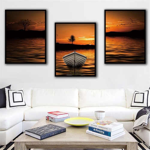 Nordic Sunset Lake Boat Tree Painting