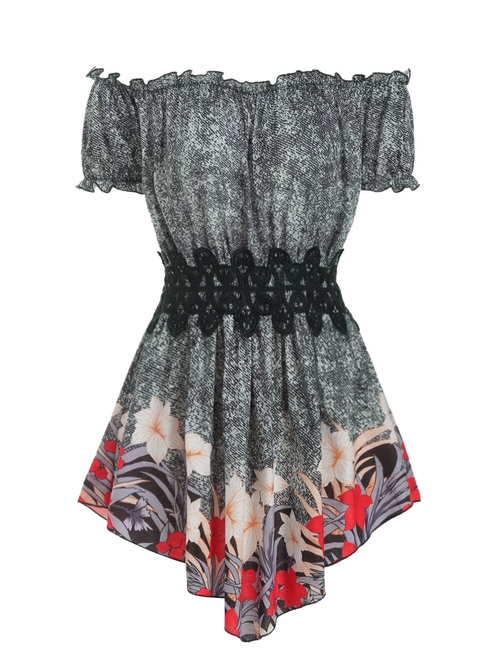  Plus Size Lace Panel Floral Print Longline