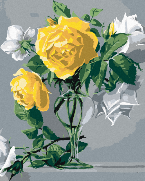 Zuty - Paint by Numbers - STILL LIFE WHITE AND YELLOW ROSES IN A GLASS