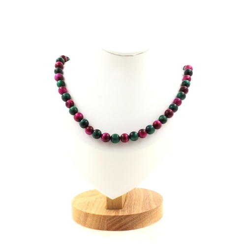 Green Tiger's Eye + Fuchsia Tiger's Eye 8 mm beads necklace.