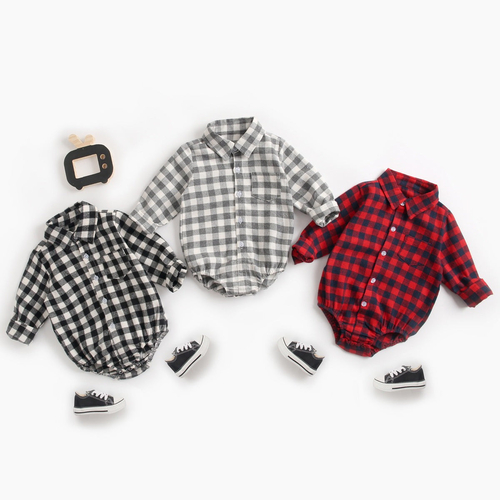 Baby Boy Plaid Pattern Buttoned Shirt With Pockets Long Sleeve Onesies