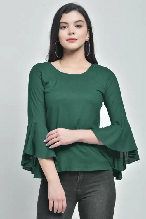Casual Bell Sleeves Solid Women TOP (Size-S) GREEN)