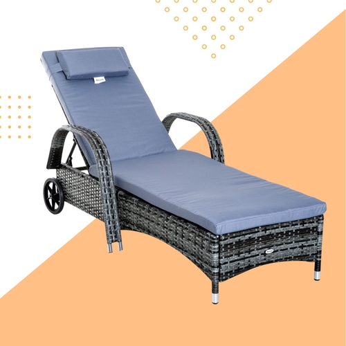 Outsunny Wheeled Patio Rattan Lounge Set Adjustable Portable with Side