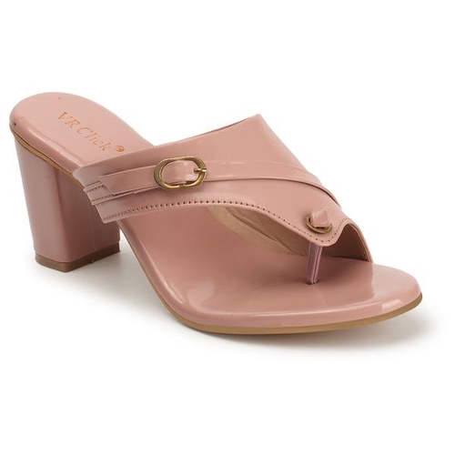 Open-Toe Chunky Block Heeled Slippers (Size-37) (Color-PINK)