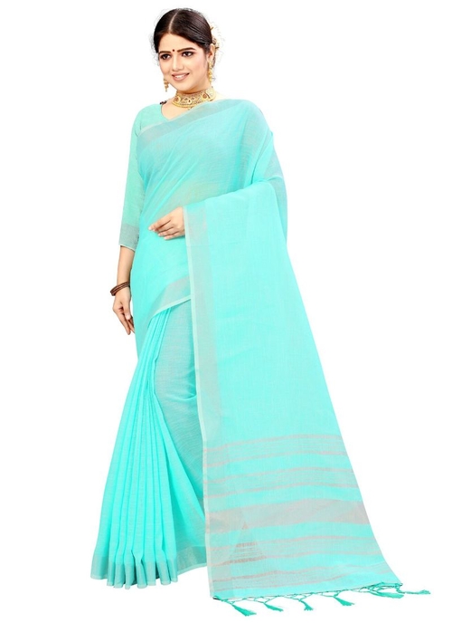 Generic Women's Lenin cotton Saree (Turquoise, 5-6