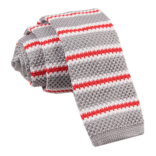 Knitted 3 Thin Stripe Skinny Tie - Knitted Silver with Red & White