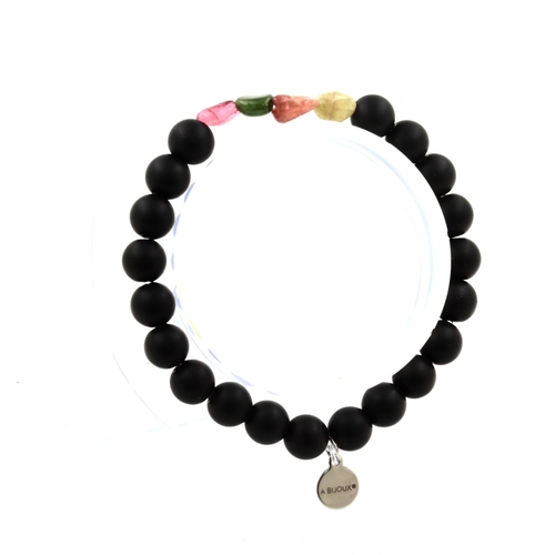 Multicolor Tourmaline + Matte black Onyx Bracelet 8 mm Beads.