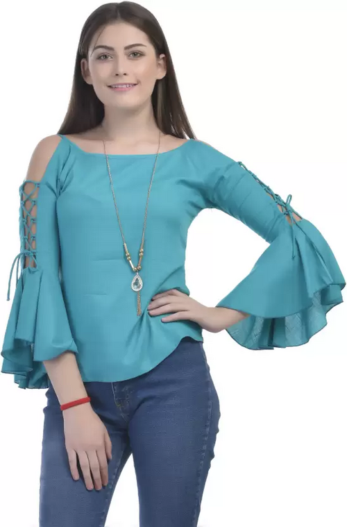 Casual Cold Shoulder Bell Sleeves Solid Women Top (Size-L) SEA BLUE)
