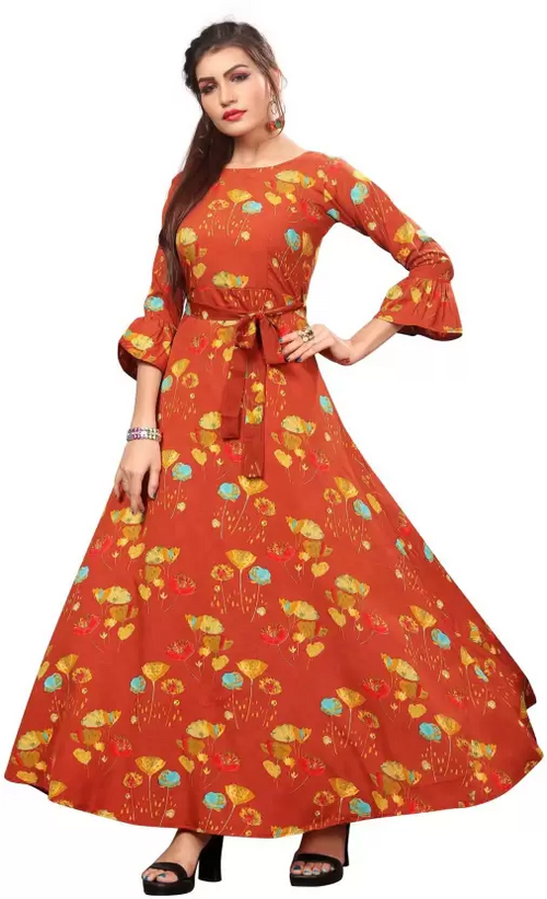 Women's Printed Crepe Stitched Anarkali Gown (Orange) (Size M)