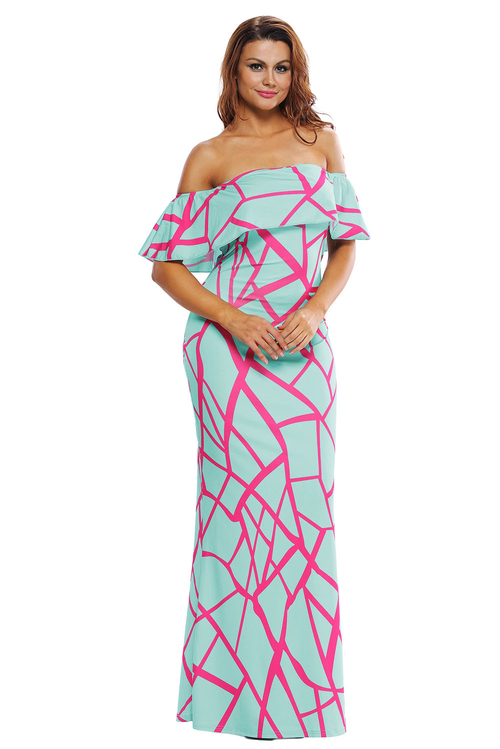 Mint Green Fuchsia Off-the-shoulder Maxi Dress