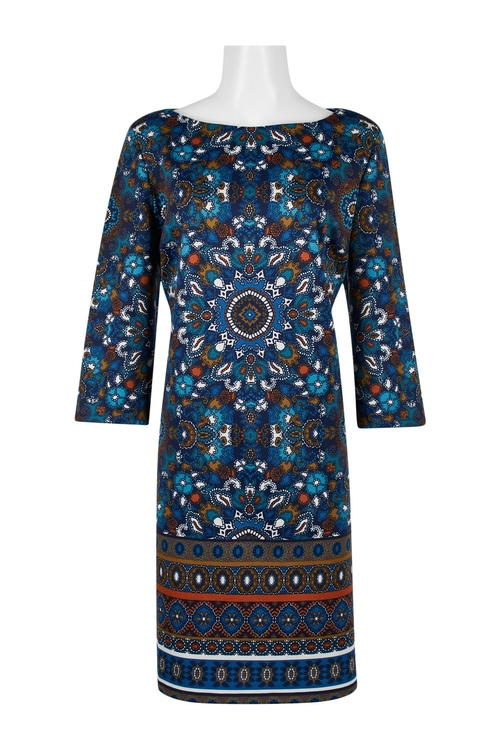 London Times Boat Neck Long Sleeve Multi Print Stretch Crepe Dress