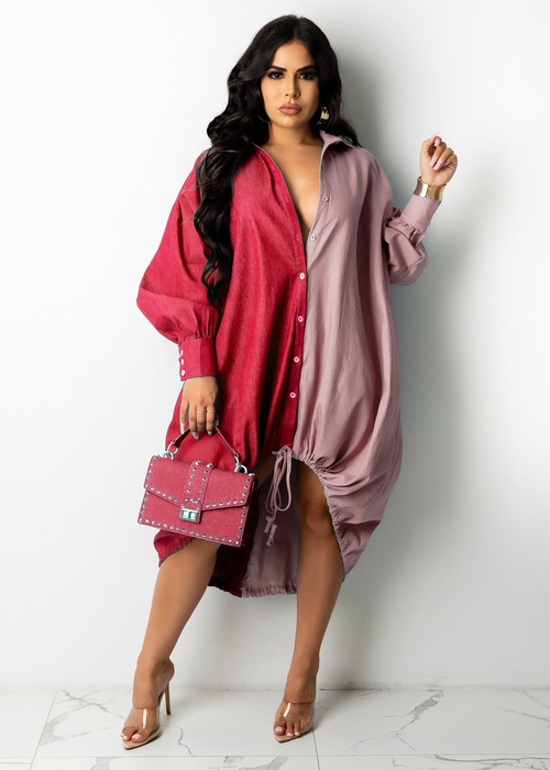 LOOSE LONG SLEEVE DENIM DRESSES-RED