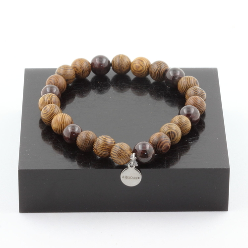 Garnet + Wood Bracelet 8 mm Beads.