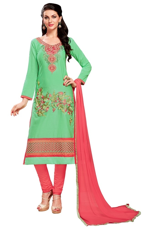 Green Glaze Cotton Embroidered Party Wear Dress