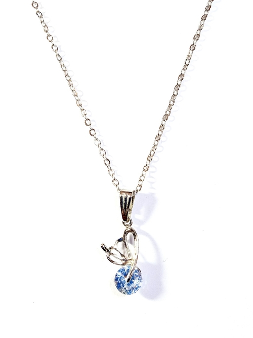 Artificial Silver-Toned & Blue CZ Stone-Studded Floral Pendant With