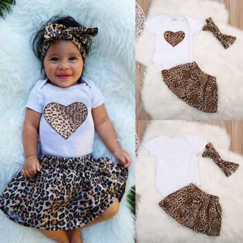 3 Pcs Babies Leopard Heart Bodysuit Skirt Clothing