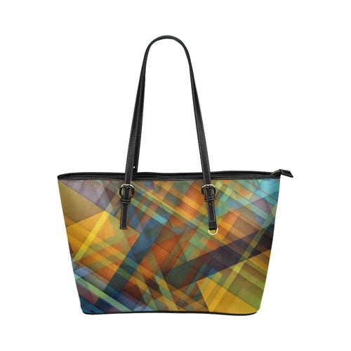 Large Leather Tote Shoulder Bag - Brown Abstract Illustration