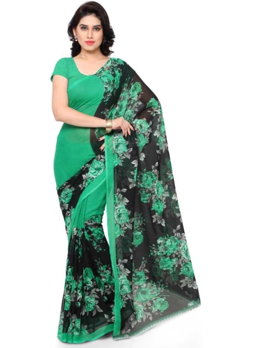 Printed Faux Georgette Green Color Saree