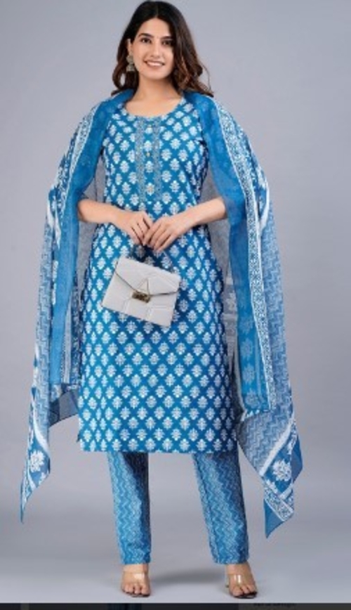 Printed Mirror Work Pure Cotton Kurta with Trousers & Dupatta (SIZE-L)