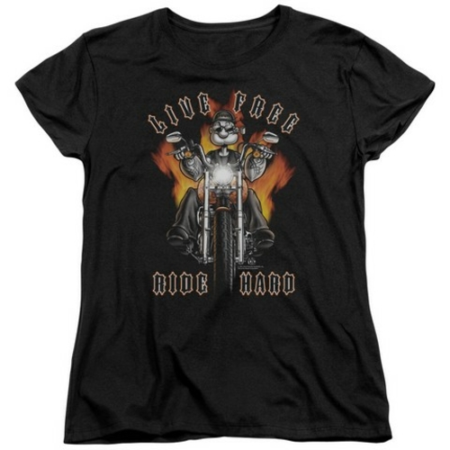 Trevco Popeye-Ride Hard Short Sleeve Womens Tee, Black - Large