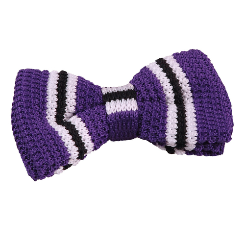 Knitted 3 Thin Stripe Bow Tie - Knitted Purple with Black & White Thin