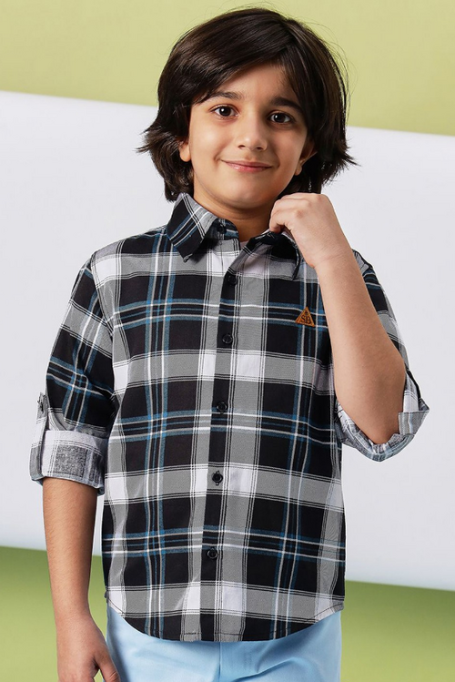 Boys Cotton Slim Fit Tartan Checks Opaque Checked Casual Shirt (Color
