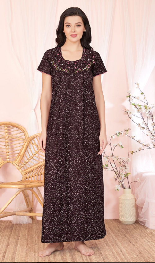Women Printed Scoop Neck Short Sleeves CottonBlend Maxi Nightdress